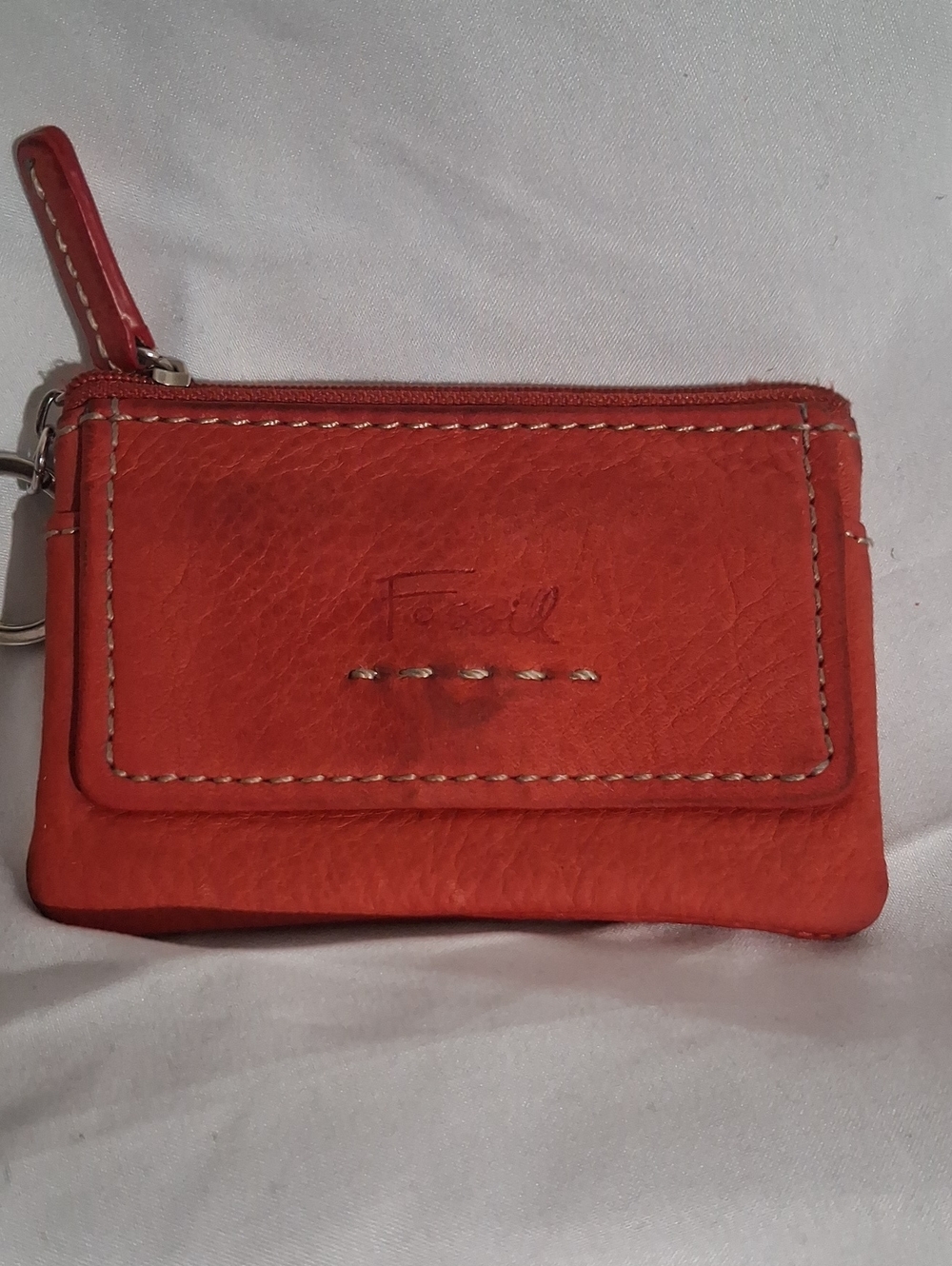 Fossil Red-Orange Leather Zip Card Wallet with Keyring